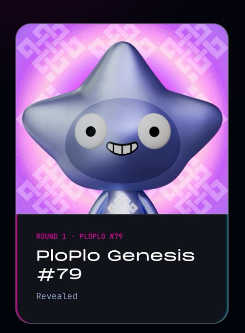 A digital trading card labeled "PloPlo Genesis #79" featuring a purple 3D star-shaped character with googly eyes and a toothy grin against a geometric purple background, marked "ROUND 1 · PLOPLO #79" and "Revealed."