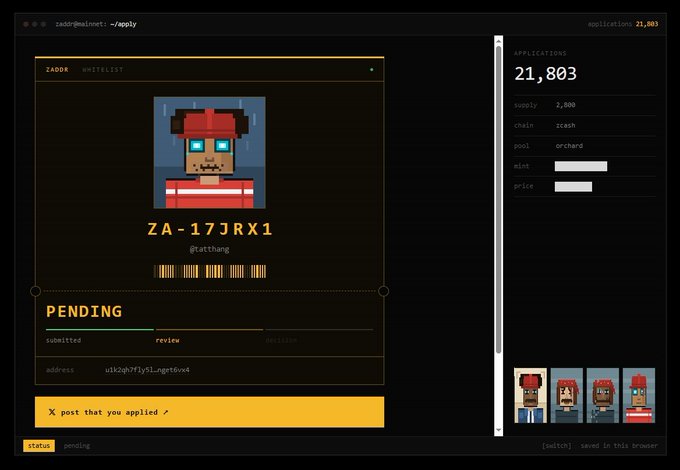 A dark-themed web application page for 'ZAUK WHITELIST' showing a pixel art character, the code 'ZA-17JRX1', status 'PENDING', and an applications count of 21,803.