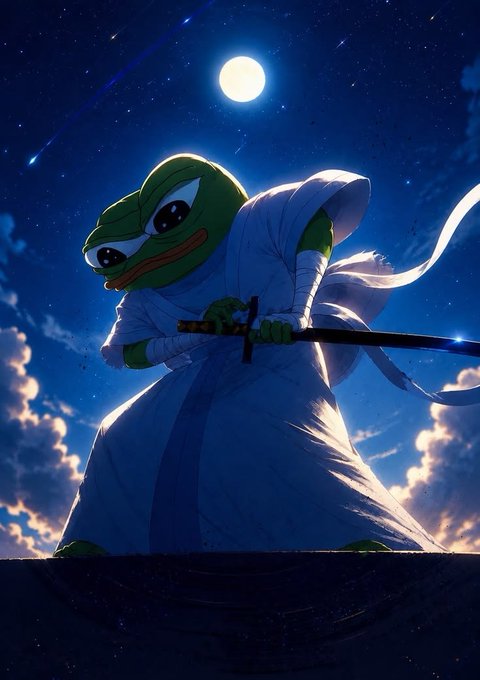 An anime-style illustration of a Pepe the Frog character dressed as a samurai or wizard in flowing white robes, holding a katana under a moonlit, starry sky with shooting stars.