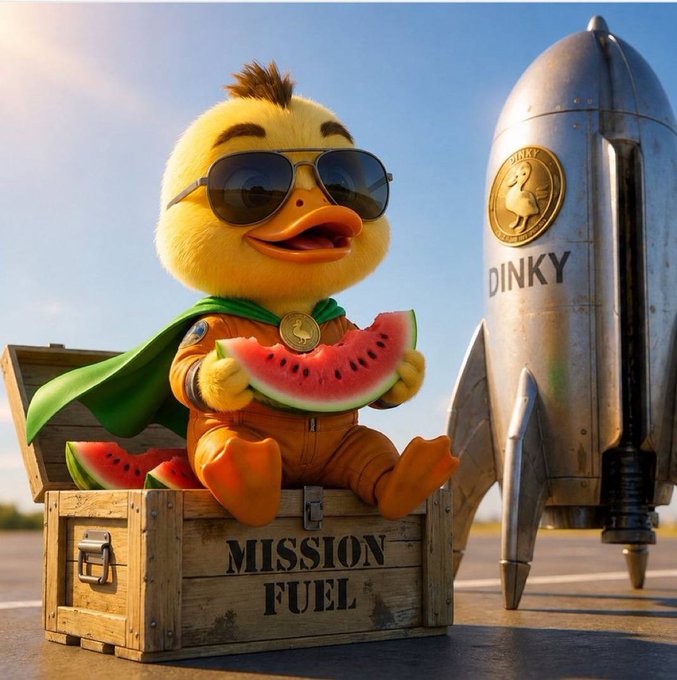 AI-generated image of a yellow duck wearing sunglasses and an orange spacesuit, sitting on a wooden crate labeled 'MISSION FUEL' while eating watermelon, with a silver rocket labeled 'DINKY' beside it.