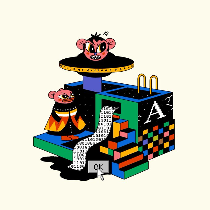 A colorful cartoon illustration showing two bear-like characters in a retro video game setting, with one sitting in a structure featuring a 'WELCOME ARETONE WORLD' banner, binary code, Tetris blocks, and an 'OK' button being clicked.