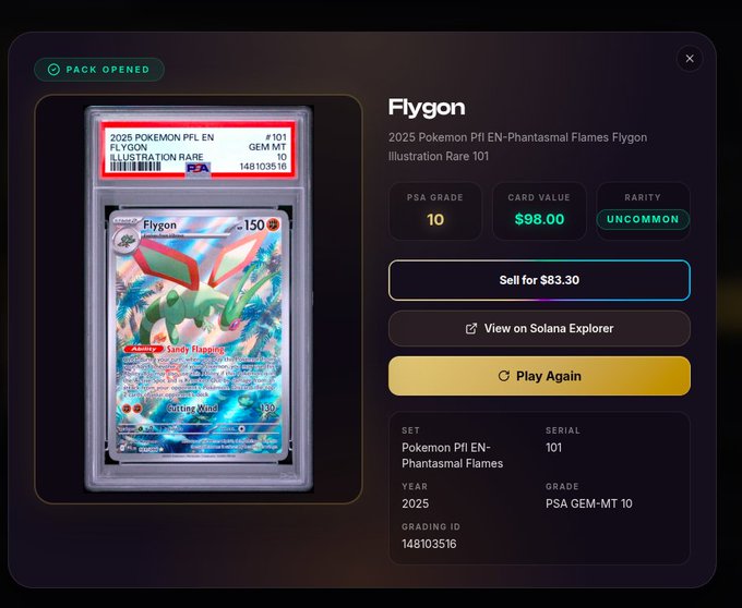 A digital pack-opening screen from Artifact showing a PSA 10 graded 2025 Pokémon PFL EN-Phantasmal Flames Flygon Illustration Rare card (#101) valued at $98, with the user noting they purchased the pack for just 50 USDC—reflecting a quick profit highlighted by the "Sell for $83.30" option.