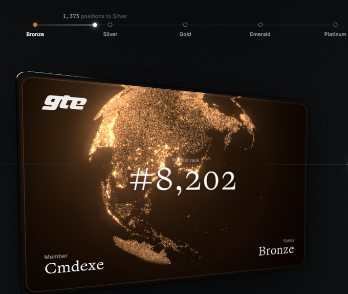 Digital membership card for 'gta' showing a member named 'Cmdexe' with a worldwide waitlist rank of '#8,202' and 'Bronze' status, along with a tier progress bar.