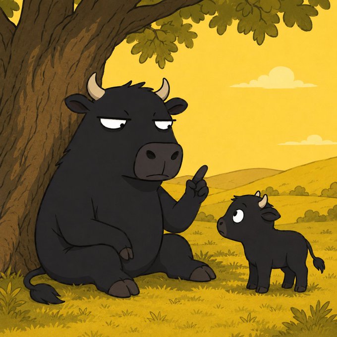 An illustrated cartoon scene of a large black bull sitting under a tree pointing its finger at a smaller black calf, set in a yellow-toned pastoral landscape.