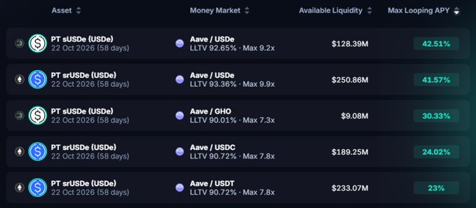 The image shows a dark-themed DeFi dashboard listing looping yield opportunities for PT sUSDe and PT srUSDe (USDe) assets on Aave paired with USDe, GHO, USDC, and USDT, with LT-LTVs ranging from 90.01%-93.36% and Max Looping APYs between 23% and 42.51%. The caption "why good morning indeed my little leveraged cryptocurrency enthusiasts" fits the mood of the dashboard, as the high APYs (up to 42.51%) and substantial available liquidity ($9M-$250M) suggest attractive—but risky—leveraged yield farming opportunities for DeFi users.