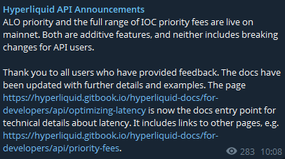 Hyperliquid API announcement confirming that ALO priority and IOC priority fees are now live on mainnet, with the post highlighting that these updates were made based on user feedback. The image references the official documentation page (hyperliquid.gitbook.io/hyperliquid-docs/for-developers/api) for further details on latency and priority fees.