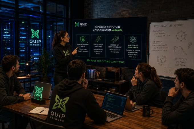 The image shows a group of people sitting around a table with laptops open, engaged in a meeting or discussion. One person appears to be giving a presentation while others listen attentively. The room has a large screen displaying information related to quantum computing and security issues. The focus on these topics suggests that the individuals present are working together to address potential challenges arising from advancements in technology like quantum computers.