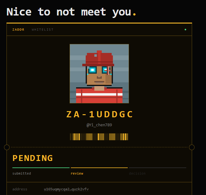 A dark webpage reads 'Nice to not meet you.' and displays a pixel-art avatar above the name 'ZA-1UDDGC' with the handle '@Yi_chen789' and a 'PENDING' review status.