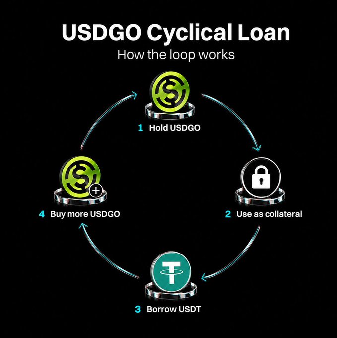 The image is a four-step diagram titled "USDGO Cyclical Loan: How the loop works," illustrating a leverage loop where users (1) Hold USDGO, (2) Use as collateral, (3) Borrow USDT, and (4) Buy more USDGO, forming a repeating cycle to capture the yield spread between USDGO earnings and USDT borrowing costs.