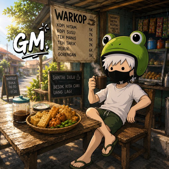 An anime-style illustration of a white-haired character in a frog hat and face mask enjoying coffee at an Indonesian 'WARKOP' (coffee shop), with a menu listing items like 'KOPI HITAM' and 'GORENGAN' and signs reading 'WARKOP BUKA 06.00 -11.00' and 'SANTAI DULU BESOK KITA CARI UANG LAGI' under a 'GM' greeting.