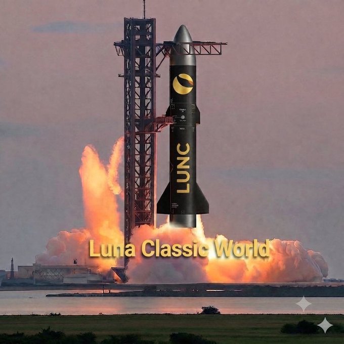 A rocket launches from a launchpad with flames billowing beneath it, featuring a 'LUNC' logo and the text 'Luna Classic World' overlaid on the image.