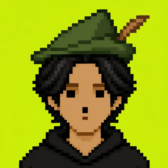 A pixel art illustration of a character with dark curly hair wearing a green cap, set against a bright green background.