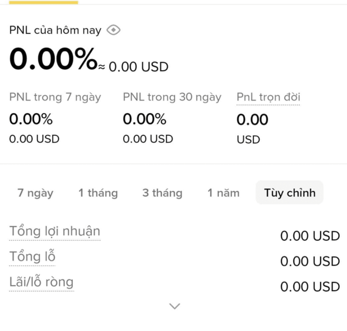 A Vietnamese-language trading statistics panel shows 0.00% PNL for today, 7 days, and 30 days, with all profit/loss values at 0.00 USD across the custom time period.