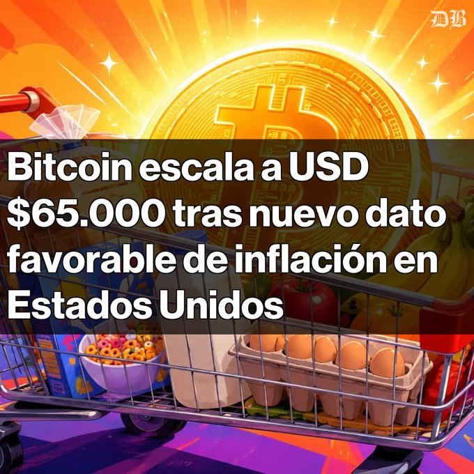 A news graphic with the text 'Bitcoin escala a USD $65.000 tras nuevo dato favorable de inflación en Estados Unidos' overlaid on an illustration of a shopping cart filled with groceries and a golden Bitcoin coin.