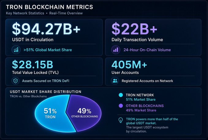 A dark dashboard titled 'TRON BLOCKCHAIN METRICS' displaying $94.27B+ USDT in Circulation, $22B+ Daily Transaction Volume, $28.15B Total Value Locked, 405M+ User Accounts, and a pie chart showing TRON with 51% USDT market share.