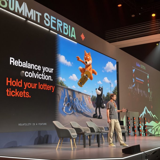 A presenter stands on stage at a 'SUMMIT SERBIA' event in front of a screen showing an orange cartoon mascot skateboarding with text reading 'Rebalance your conviction. Hold your lottery tickets.'