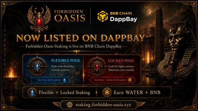 A promotional banner for 'Forbidden Oasis' staking on BNB Chain DappBay, showing options for a 'FLEXIBLE POOL' and 'LOCKED POOL' against an Egyptian-themed backdrop.
