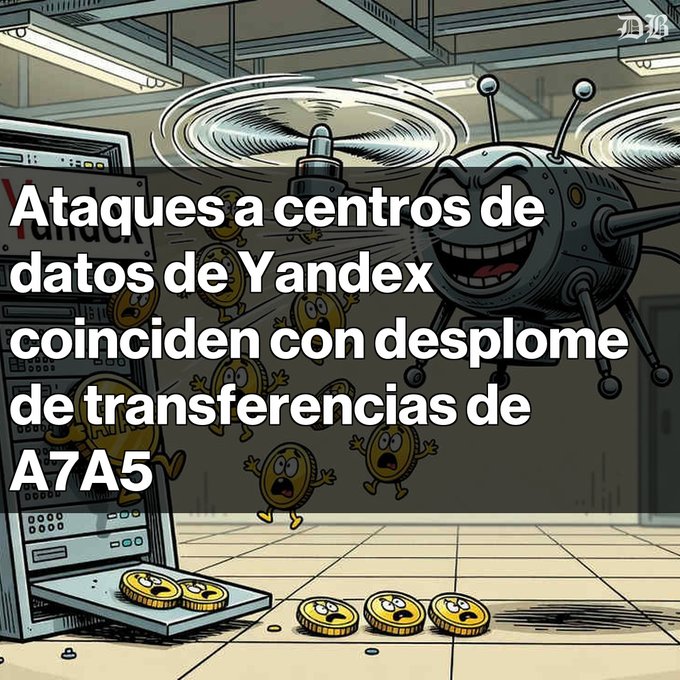A cartoon illustration with Spanish text reading 'Ataques a centros de datos de Yandex coinciden con desplome de transferencias de A7A5' (Attacks on Yandex data centers coincide with the collapse of A7A5 transfers), showing a menacing mechanical drone-like creature and distressed coin characters.