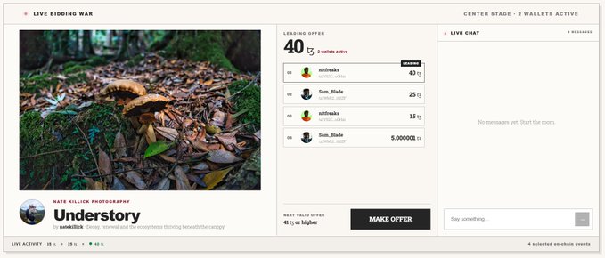 A live bidding war webpage showing a photograph of a mushroom on forest floor, with current bid at 40 and bids from 'ch3links' and 'Sam_Blade', featuring 'NATE BULISKA PHOTOGRAPHY' branding.
