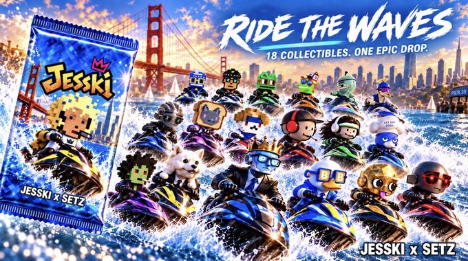 Promotional banner for 'JESSKI x SETZ' NFT collection titled 'RIDE THE WAVES - 18 COLLECTIBLES. ONE EPIC DROP', depicting pixel-art characters riding jet skis past the Golden Gate Bridge and San Francisco skyline.