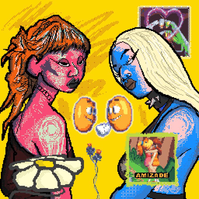 A vibrant pixel art collage on a yellow background featuring two stylized female figures, two orange smiley faces, flowers, and a small image labeled 'AMIZADE' meaning friendship.