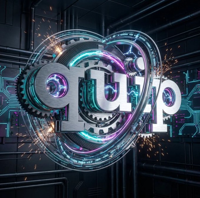 A 3D metallic "p1p" logo surrounded by glowing gears, neon rings, and circuitry elements in a high-tech mechanical setting.