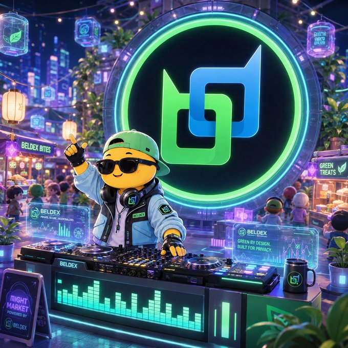 A colorful digital illustration features a cartoon DJ character wearing sunglasses and a green cap, performing on turntables with a large 'BELDEX' logo behind them in a vibrant night market setting.