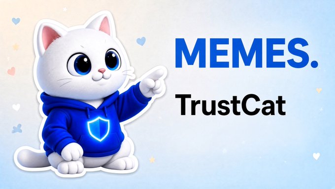 A cartoon white cat mascot in a blue hoodie with a shield emblem points toward text reading "MEMES." and "TrustCat," visualizing the post's pitch for a verifiable, community-shared meme token concept tied to Trust Wallet's existing user base and infrastructure.