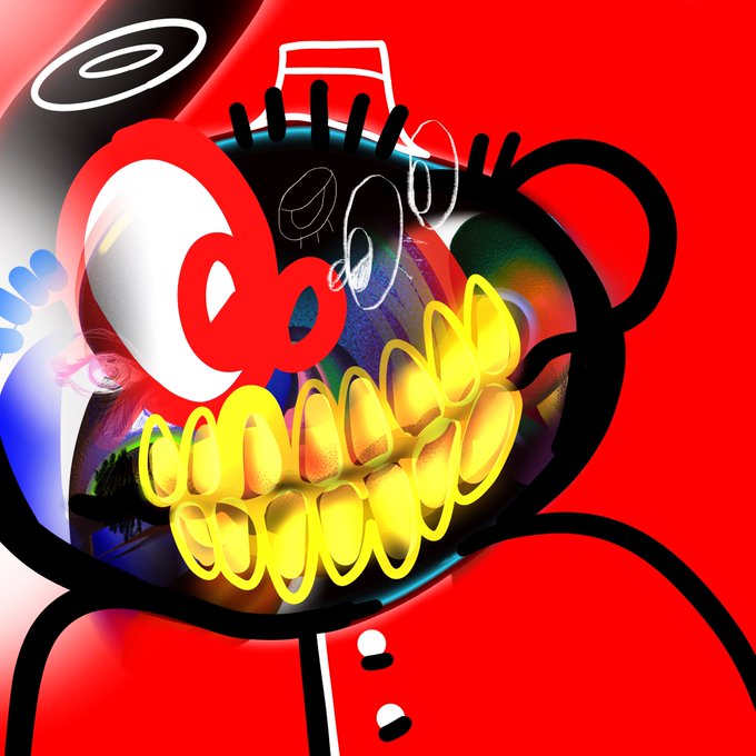 A vibrant, abstract digital artwork featuring a stylized face with exaggerated yellow teeth and red lips against a bold red background, created with chaotic, psychedelic elements.