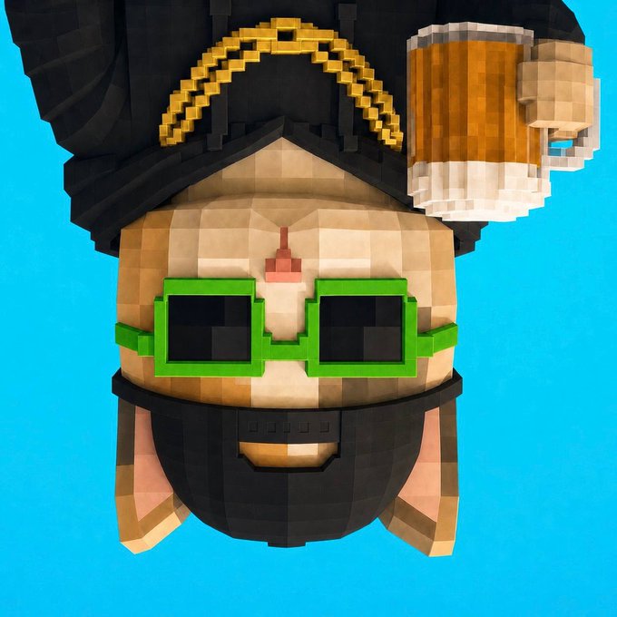 The image features a cartoon cat wearing green glasses, holding an orange beer mug with a gold chain around its neck. The cat appears to be looking up at something or someone above it, possibly indicating that they are engaged in a conversation or observing something interesting. The post is titled "New pfp who dis? Hodl my beer. We going high." and has a link to the image on it.