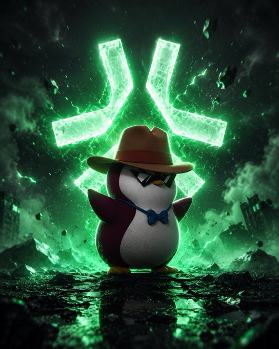 The image features a cartoon penguin wearing a hat and sunglasses standing in front of a green explosion. The penguin appears to be posing for a photo with a caption about spending time on social media platforms, specifically mentioning @AbstractChain as an example. The focus is on the penguin's outfit and the surrounding environment, rather than directly engaging with the post or its content.