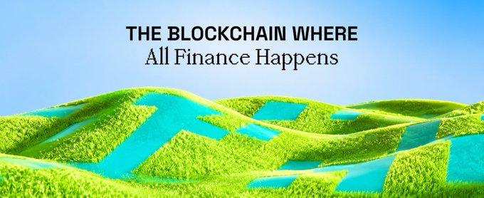 A banner features a grassy landscape with water streams shaped like the letter 'H', under a blue sky, with the text 'THE BLOCKCHAIN WHERE All Finance Happens'.