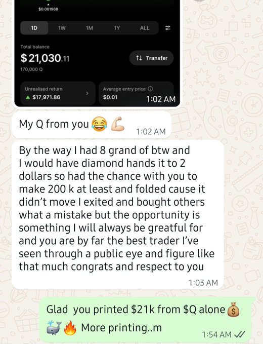 A screenshot showing a Binance portfolio balance of $21,030.11 (up $17,971.86) alongside a chat where someone thanks the poster for helping turn $Q into massive profits, with the poster responding "Glad you printed $21k from $Q alone."