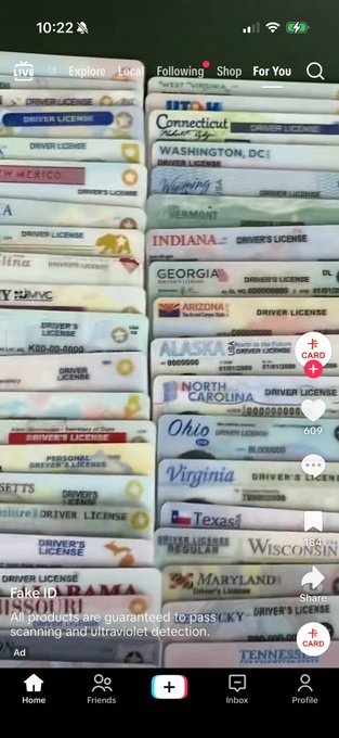 A TikTok advertisement from 'fakeid' claiming to sell driver's licenses from various US states, stating 'All products are guaranteed to pass scanning and ultraviolet detection.'