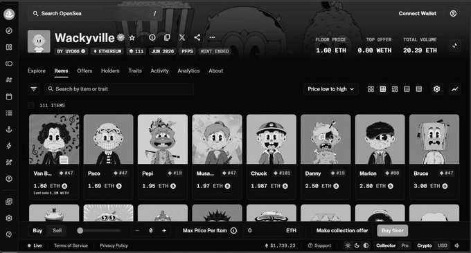The "Wackyville" NFT collection is displayed on OpenSea, showcasing various character NFTs with prices ranging from 1.60 ETH to 3.00 ETH and a floor price of 1.60 ETH. The image directly relates to the post by highlighting the specific NFT collection being discussed and its current market status.