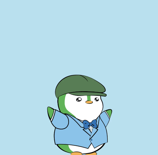 Cute cartoon illustration of a small penguin-like bird wearing a green flat cap and a blue suit jacket with a bow tie, set against a light blue background.