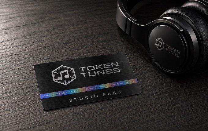 A black 'TOKEN TUNES STUDIO PASS' card rests on a dark wooden surface next to a pair of black over-ear headphones branded with the 'TOKEN TUNES' logo.
