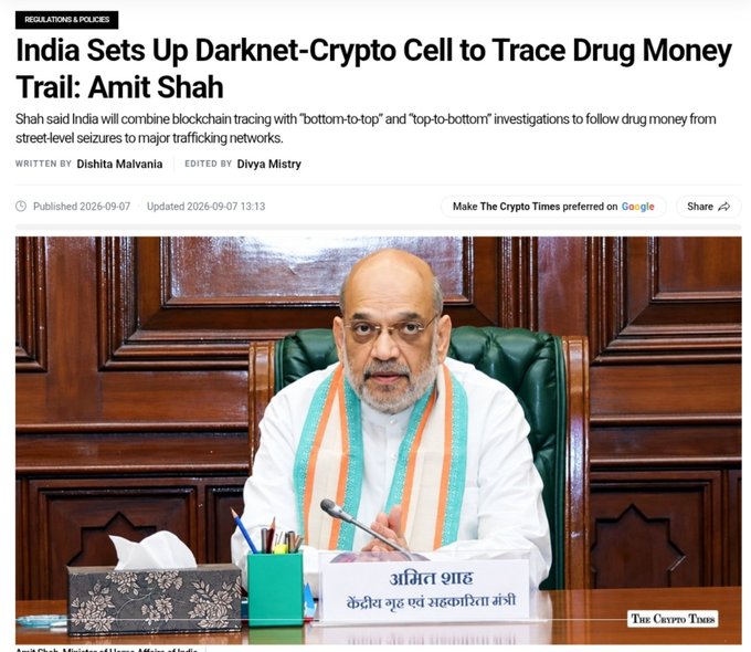 A news article from The Crypto Times features Home Minister Amit Shah announcing India's new Darknet-Crypto Cell to trace cryptocurrency payments linked to drug networks, with his name displayed in Hindi (अमित शाह) on the desk placard as Minister of Home Affairs of India.