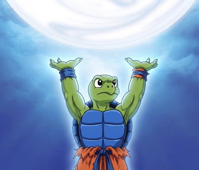 A cartoon depiction of a muscular green turtle-like creature with a blue shell and orange sash raising its arms toward a glowing orb in a blue sky.
