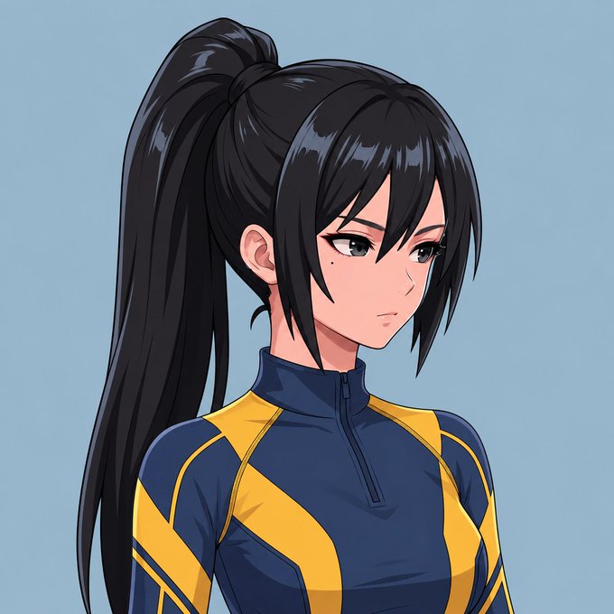 Anime-style illustration of a girl with long black hair in a high ponytail wearing a navy blue and yellow athletic zip-up jacket against a light blue background.