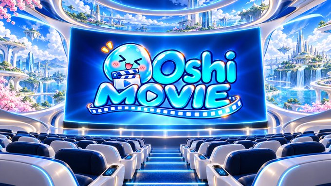 A futuristic cinema interior with a large screen displaying the "Oshi Movie" logo, featuring a cute cartoon character holding a film clapperboard against a scenic backdrop of futuristic architecture and waterfalls, visually promoting the Oshi Labs anime streaming platform where users can watch anime and earn free mints by completing series.