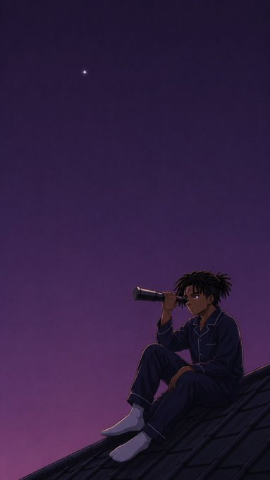 An anime-style illustration of a young man in dark pajamas sitting on a rooftop at dusk with dreadlocks, looking through a telescope at a single bright star in a purple sky.
