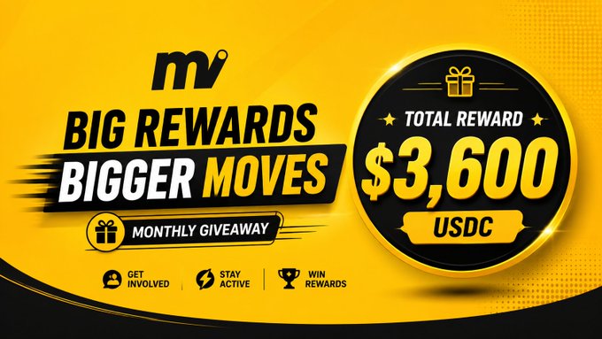 A promotional graphic with bold yellow and black design advertising "MV BIG REWARDS BIGGER MOVES" monthly giveaway with a total reward of $3,600 USDC, featuring call-to-action icons for "Get Involved," "Stay Active," and "Win Rewards."