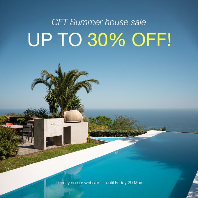 The image shows a large swimming pool surrounded by palm trees, with a house sale sign posted nearby. The text of the image reads "CFT Summer House Sale Up To 30% Off!".