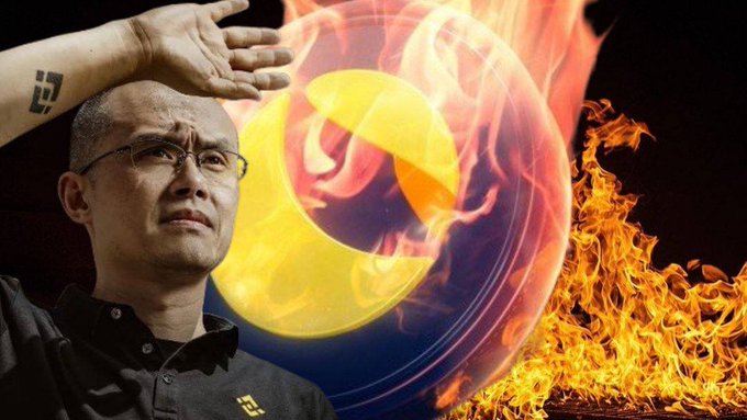 A photo of Changpeng Zhao (CZ), founder of Binance, with a Binance logo tattoo on his arm, overlaid with dramatic fire effects.