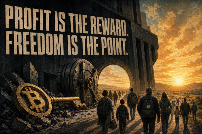 The image shows people walking through a massive vault-like archway beneath the Bitcoin logo, heading toward a sunlit horizon, with bold text reading "PROFIT IS THE REWARD. FREEDOM IS THE POINT." The scene visually echoes the post's message—portraying ordinary individuals leaving behind the old financial system (represented by the bank vault) and stepping toward Bitcoin-powered financial freedom.
