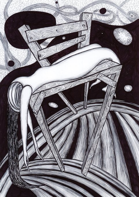 A detailed black and white pen-and-ink illustration features a surreal scene with a wooden chair, flowing forms, a figure resembling a draped cloth, and swirling cosmic patterns.