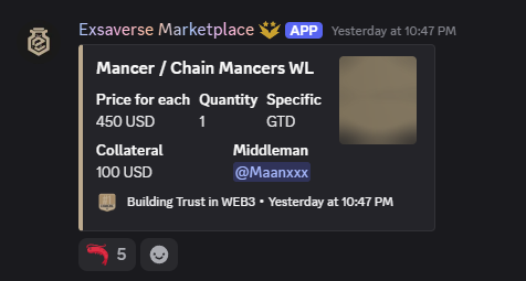 The image shows a Discord message from "Exsaverse Marketplace" featuring a sale listing for "Mancer / Chain Mancers WL" priced at 450 USD with 100 USD collateral and @Maanxxx as middleman. This visually confirms the post's claim that one Chain Mancers whitelist was sold for $450.
