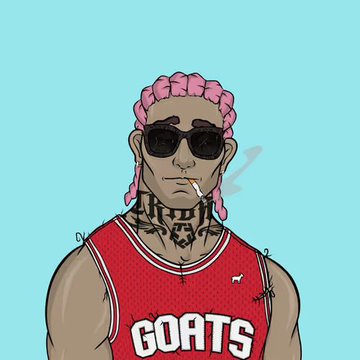 A cartoon-style digital illustration of a muscular character with pink braided hair, dark sunglasses, neck tattoos, and a red basketball jersey that reads 'GOATS'.