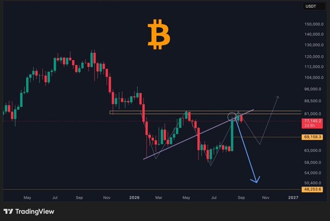 A Bitcoin (BTC/USDT) candlestick chart on TradingView shows price action with trend lines, with a blue arrow indicating a potential drop toward 48,253.6.